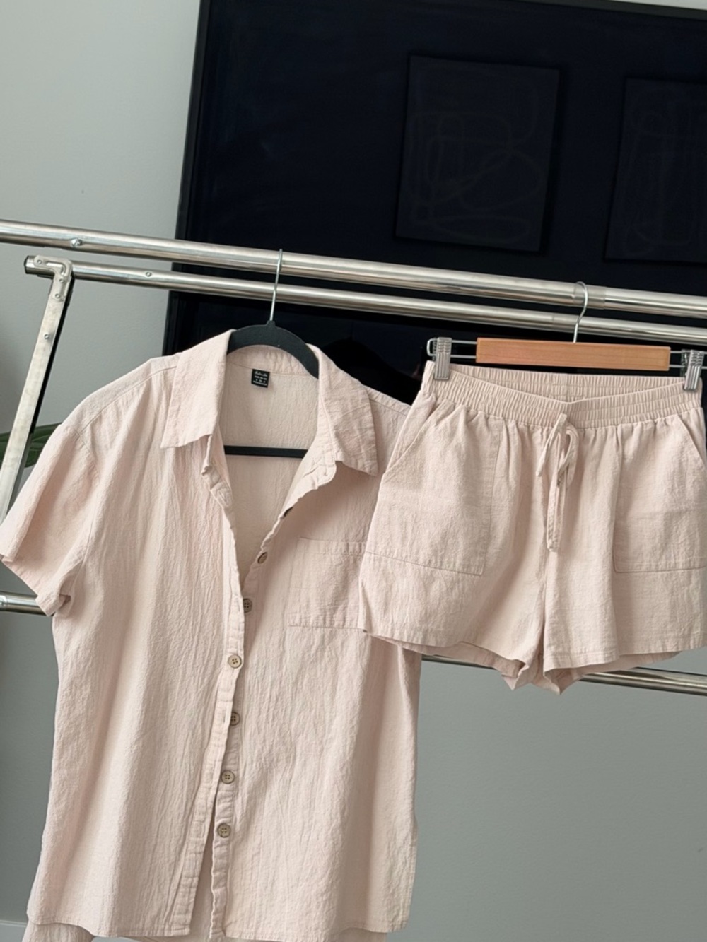 Women’s cream color  Short Sleeve Shirt & Drawstring Shorts Set